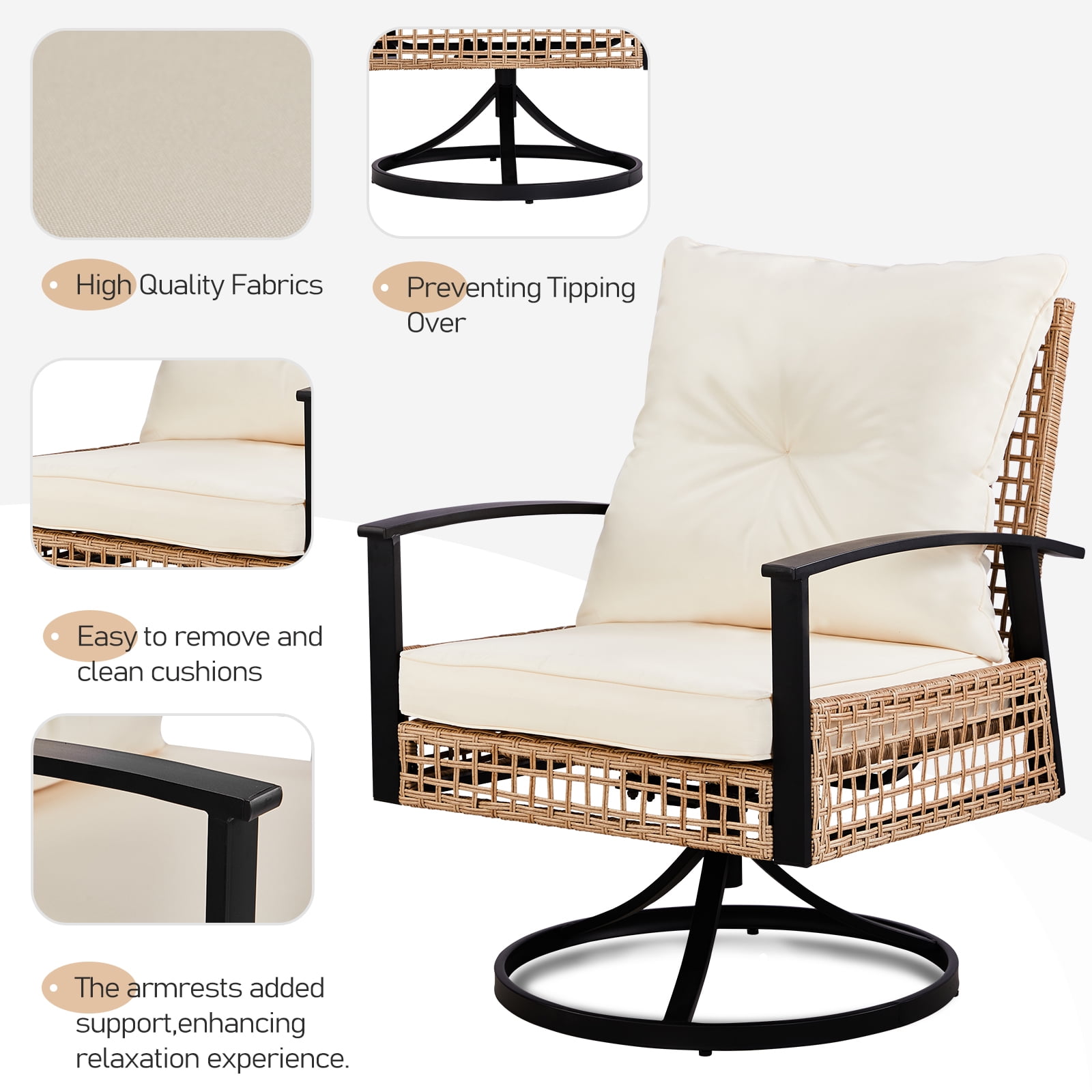 3-Piece Outdoor Swivel Rocking Chairs Set with Coffee Table, Weather-Resistant Patio Furniture for Porch Backyard Poolside, Thick Cushions, Easy Assembly, Durable Wicker 360° Swivel Rocker Bistro Set