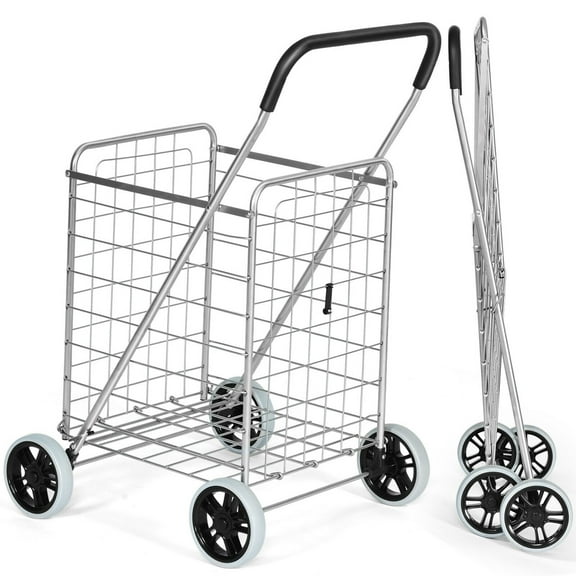 Gymax Folding Shopping Cart with Oversized Basket, Silver Steel, Utility Trolley