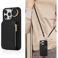 thumbnail image 3 of Crossbody Wallet Case for iPhone 13 Pro Max 6.7 inch, Card Holder Folio Cover Kickstand RFID Blocking Phone Case PU Leather Zipper Purse Wrist Strap Lanyard Flip Case for Women - Black, 3 of 7