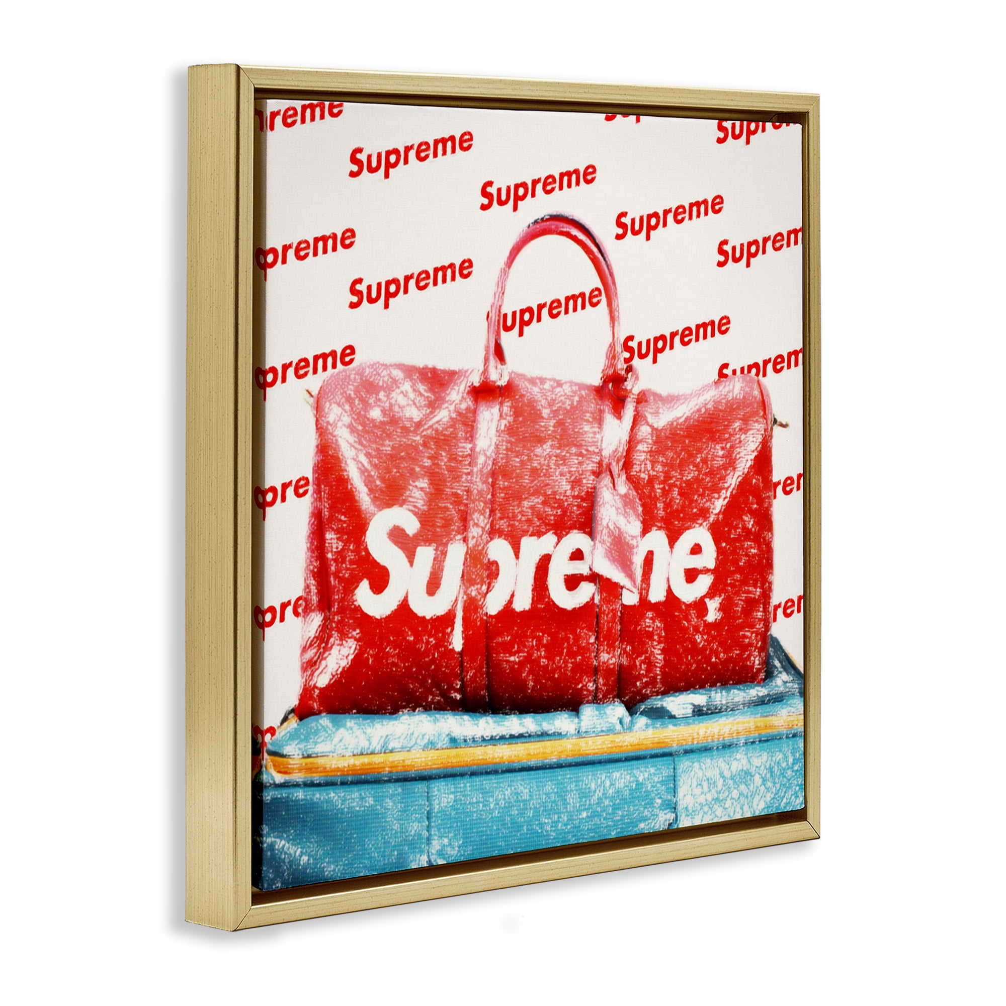 Stupell Industries Bold Red Weekender Bag Fashion Painting Gold Floater Framed Canvas Art Print Wall Art, 18 x 18