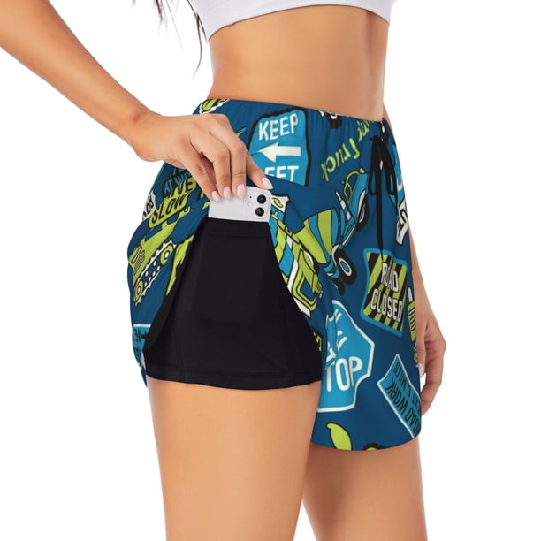 Balery Dump Truck Pantalones cortos deportivos para mujer con forro y dos bolsillos, elásticos, para entrenamiento, gimnasio, yoga-X-Large