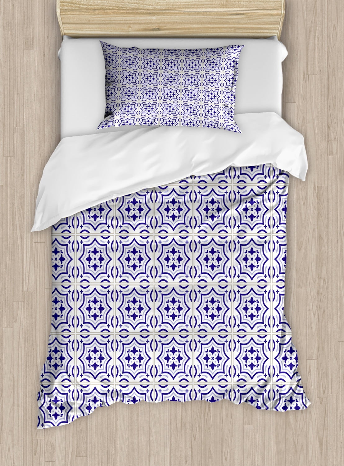 Navy Blue Duvet Cover Set Portuguese Tile Design Traditional