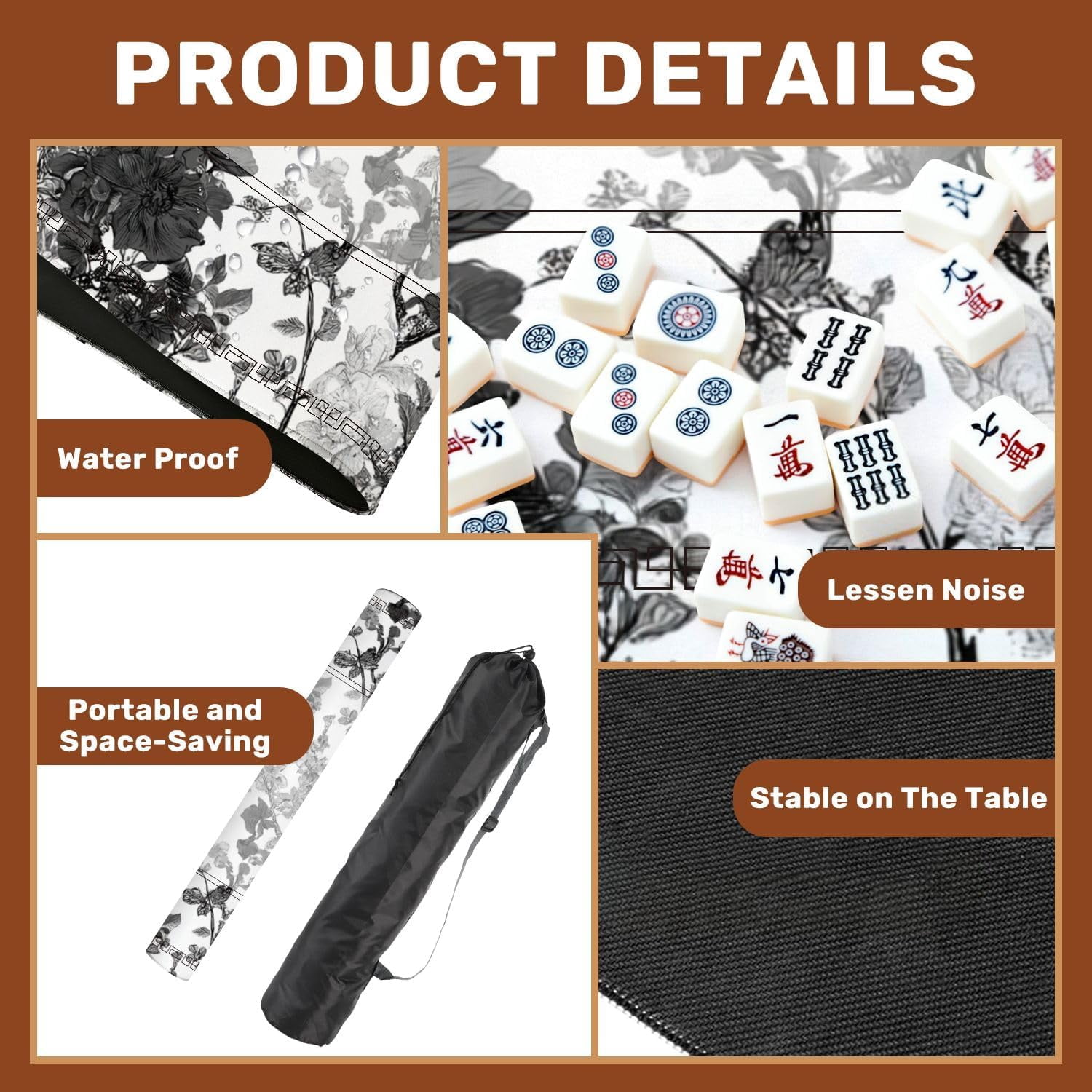 Mahjong Mat 31.5" x 31.5" Chinoiserie Inspired Vintage Floral Black White Oriental Eastern Asian Non-Slip Noise Reduction Mahjong Tiles Table Cover for Dominoes Poker Card Board and Tile Games Gift