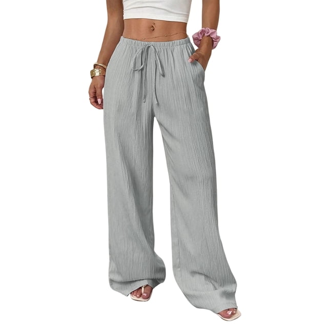 Women'S Palazzo Pants Summer High Waisted Wide Leg Drawstring Flowy Beach Trousers with Pockets Light Gray XL