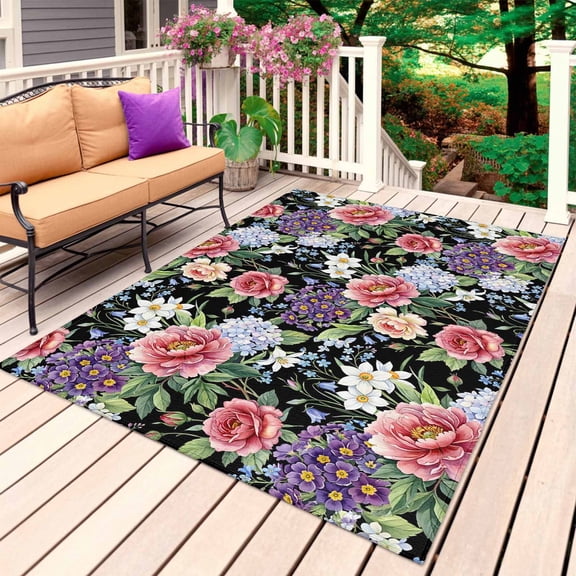 Black Floral Farmhouse Outdoor Rug for Patio/Deck/Porch, Non-Slip Large Area Rug 3 x 5 Ft, Pink Flowers Country Botanical Indoor Outdoor Rugs Washable Area Rugs, Reversible Camping Rug Carpet Runner