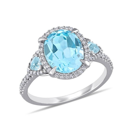 Tangelo 4 Carat T.G.W. Sky-Blue Topaz and 1/4 Carat T.W. Diamond 14k White Gold Halo Engagement Ring