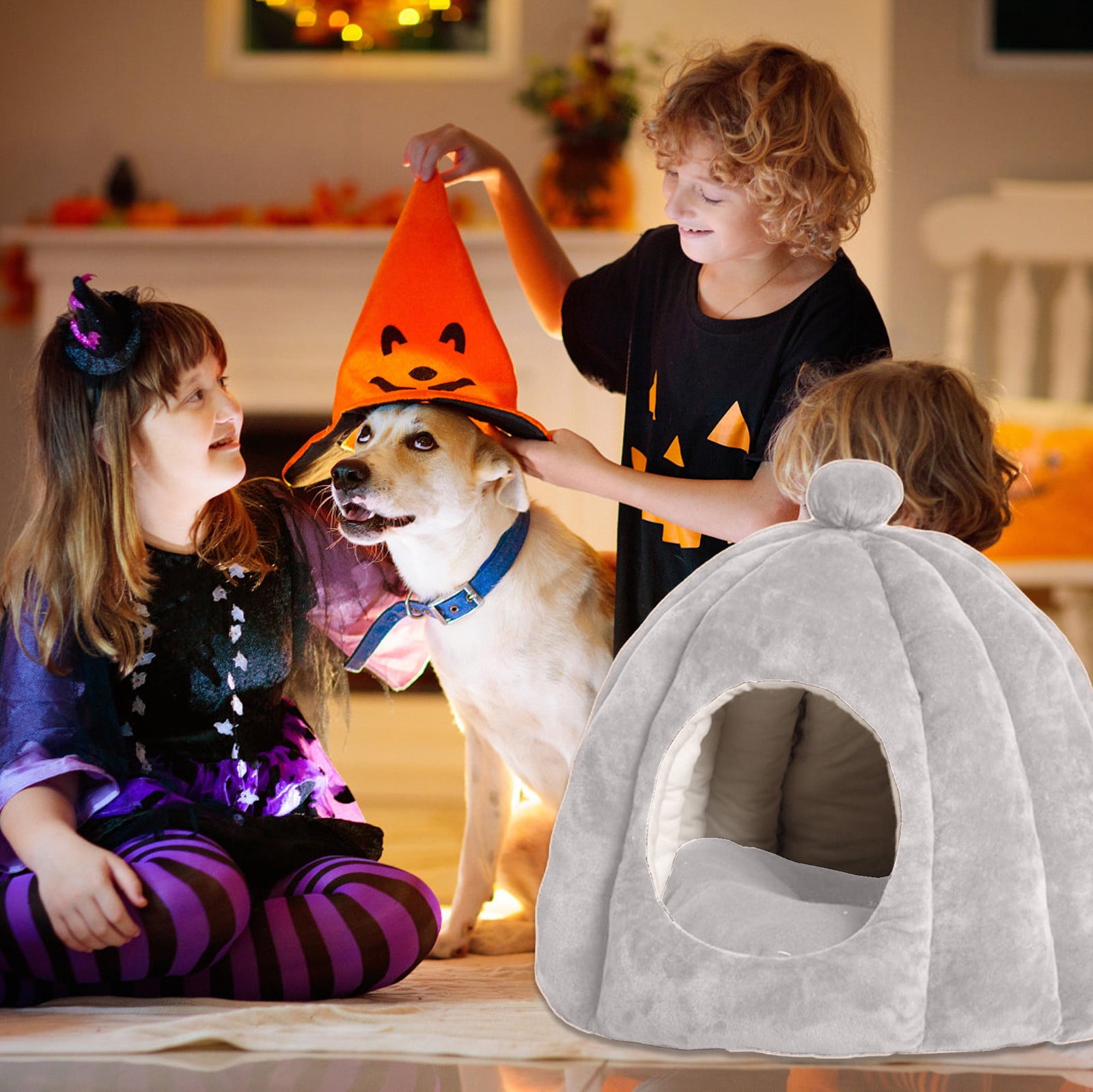 Nebwoak Semi-Closed Warm Cat Bed, Detachable Washable Flannelette Pet Bed with High-Density Filling, All-Season Soft & Comfortable, 14.96x14.96x12.59in, Gray