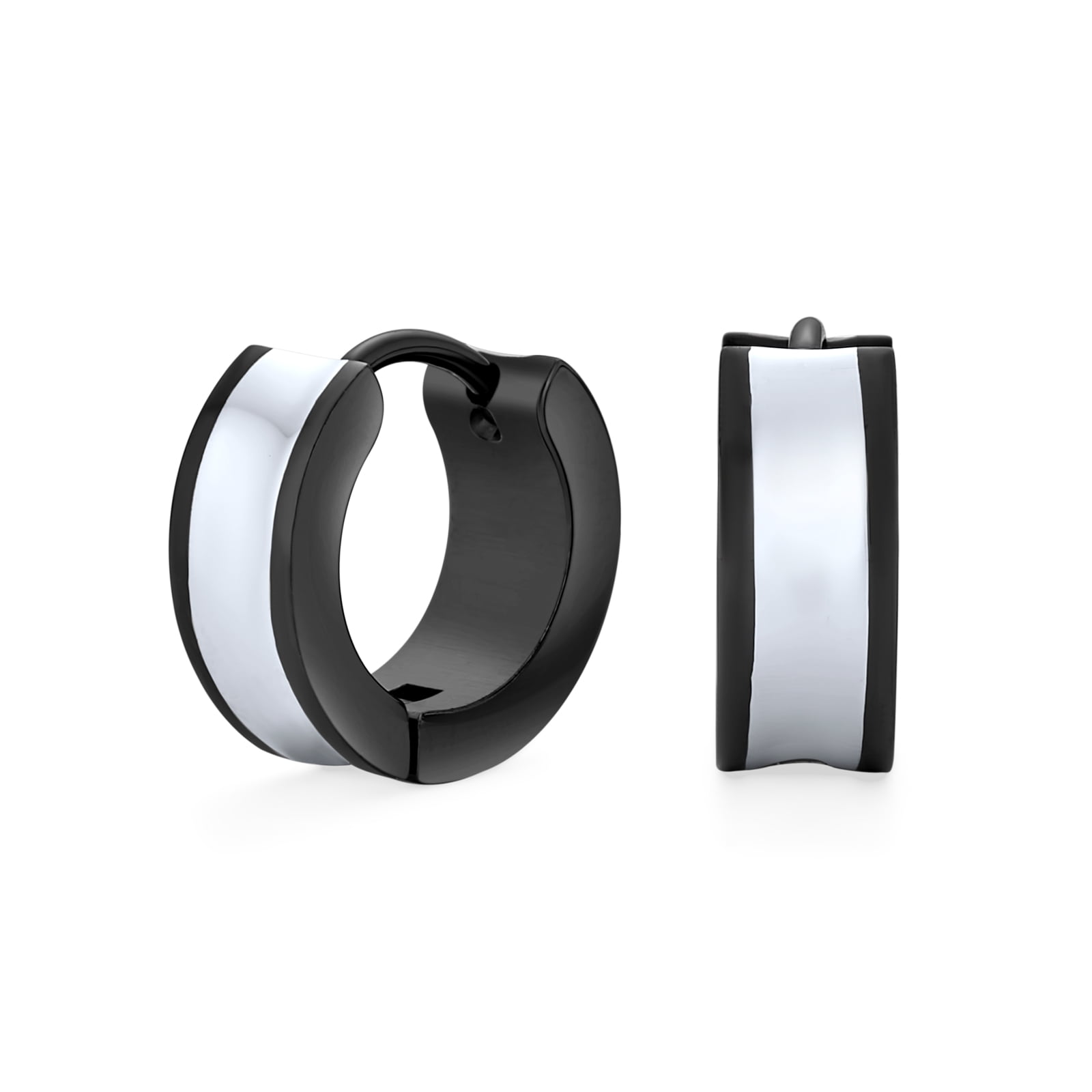 Striped Black Enamel Concave Huggie Small Hoop Earrings For Men Or Women Silver Tone Stainless Steel .50 Dia