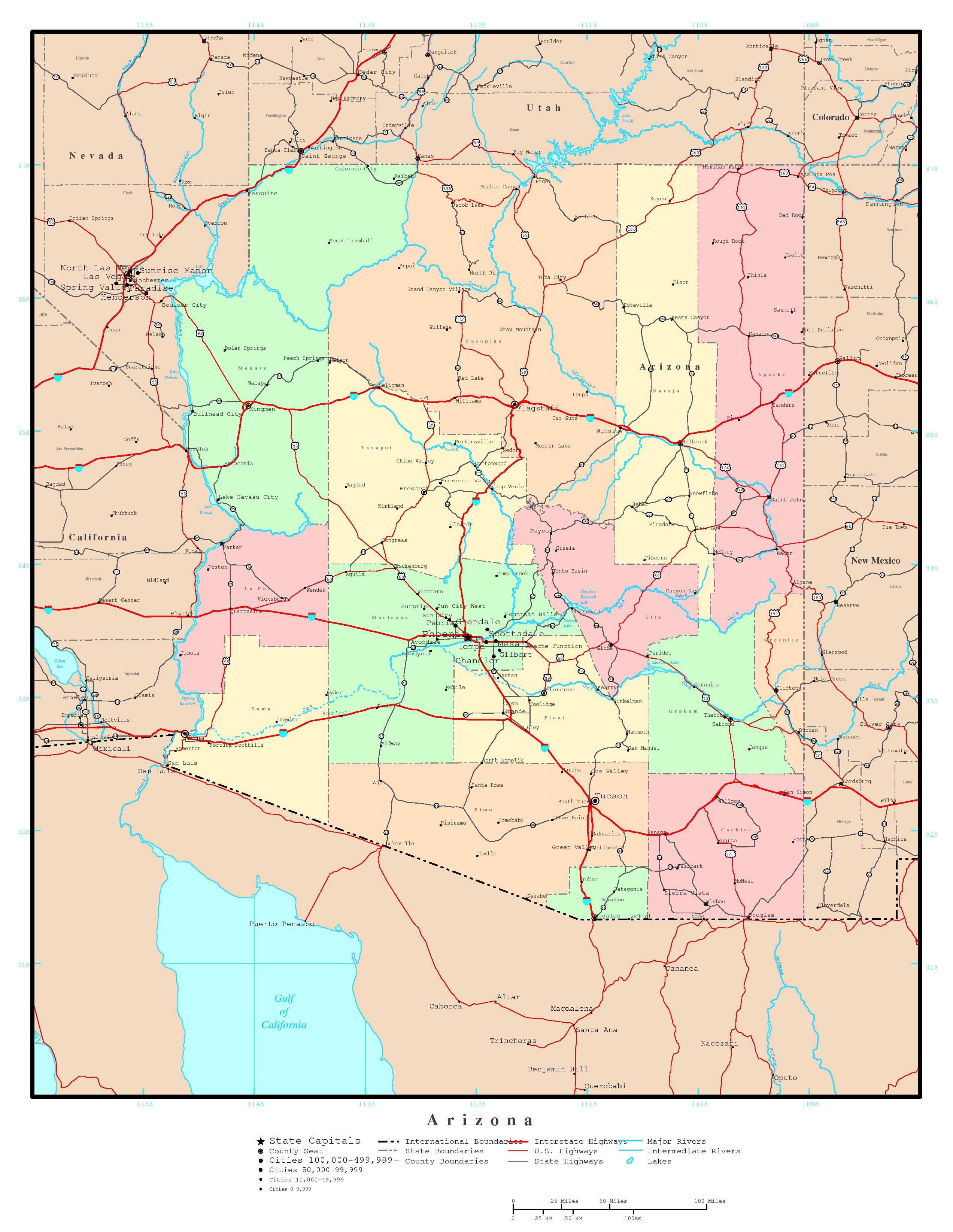 Laminated Map Large Detailed Administrative Map Of Arizona State With