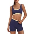 thumbnail image 2 of YHCY Womens Striped Workout Sets 2 Piece Double Layer Yoga Set Wide Strap Sports T Shirt Bra Elastic High Waisted Tummy Control Biker Shorts Stretchy Soft Lounge Athletic Sets Navy S, 2 of 7