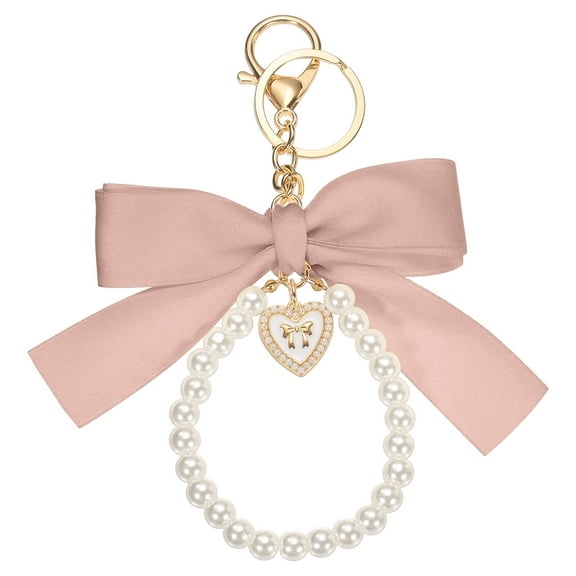 Ribbon Bow Keychain, Cute Pearl Wristlet Keychain, Bag Accessories Bow Charm Heart Pendant, Pink