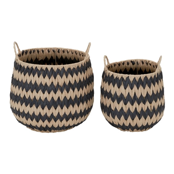 Household Essentials Woven Basket, Set of 2 Decorative Baskets, Large and Small, Natural with Black Pattern