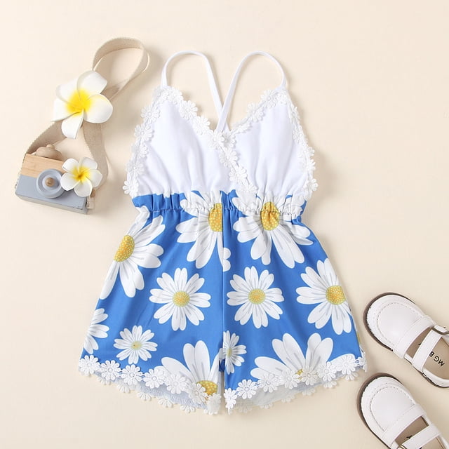 EGNMCR Rompers for Kids Summer Baby Girls Clothes Infant Sunflower Flower Sling Jumpsuit Newborn Outfits Kid Rompers