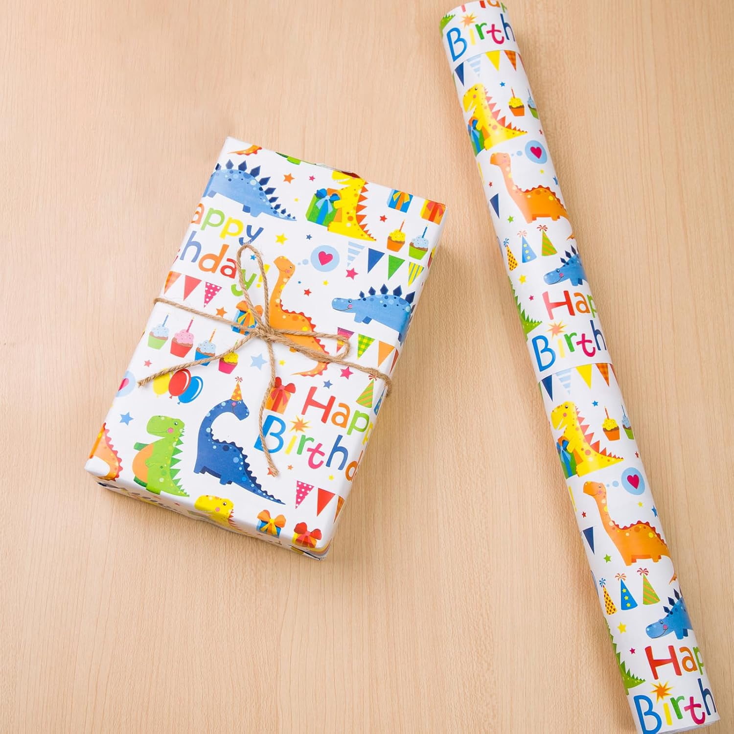 Dinosaur Wrapping Paper Rolls Colorful Text Happy Birthday Design Gift Wrapping Paper Roll for Kids Boys Girls Baby Dinosaur Gift Wrap for Birthday Bday Party Holiday Wrap - 17 Inch X 50 Feet