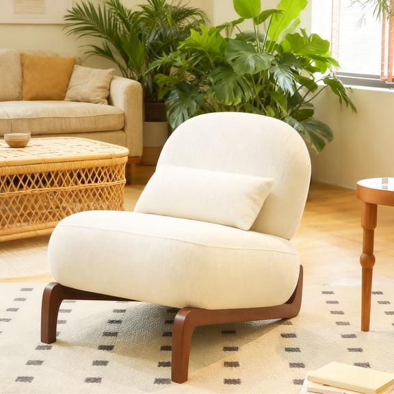 Cute Accent Chair with Solid Wood Legs, Velvet Upholstery, Comfy Armless Reading Chair for Living Room, Bedroom, Apartment, Waiting Room, Balcony - White