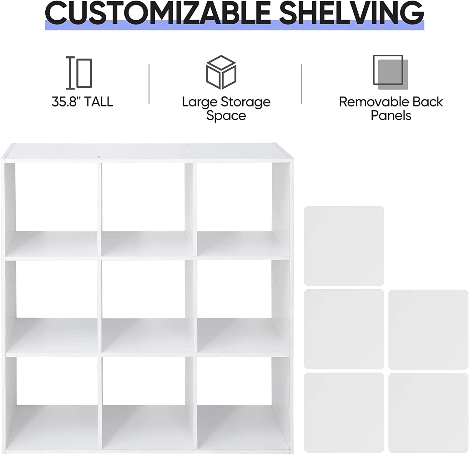 9 Cube Storage Organizer 11 inch Cube Storage Shelf 3 x 3 Wood Bookcase Display Bookshelf with 5 Removable Back Panels for Kids Children Home, Office, Bedroom, Living Room, White