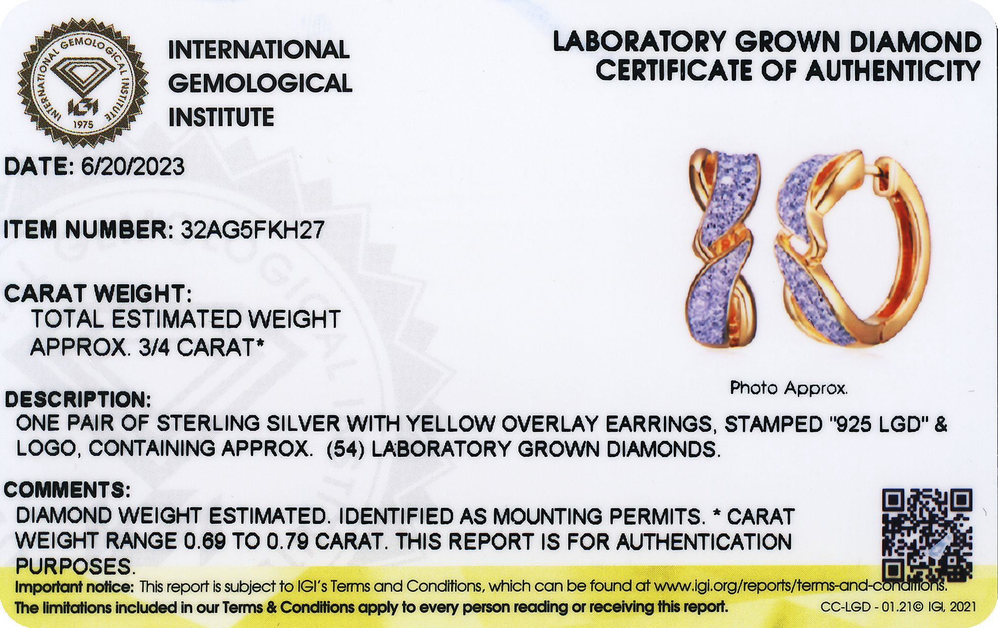Forever Facets 18k Gold Plated Sterling Silver 3/4 CT TW Lab Grown Diamond Hoop Earrings, Adult Female