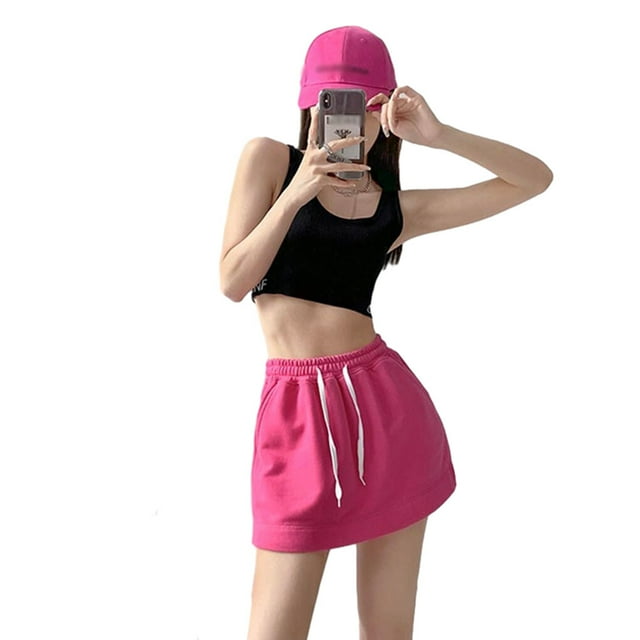 thinsony Shorts Jupes Robes Décontractées Unies à Cordon Mini Ligne A Mode Taille Haute Été Style Coréen pour Sports Rose Rouge m