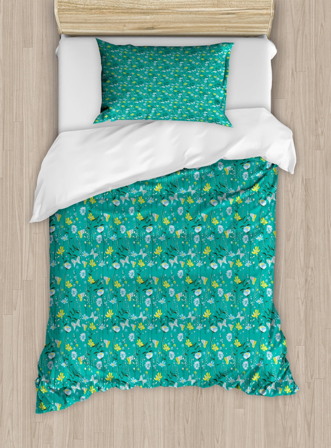 Floral Duvet Cover Set Twin Size, Botanical Pattern Colorful Meadow