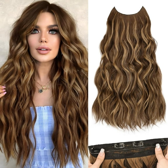 SUCS 20 Inch Mixed Brown Long Wavy Synthetic Hairpiece with Transparent Wire Adjustable Size, 4 Secure Clips for Women