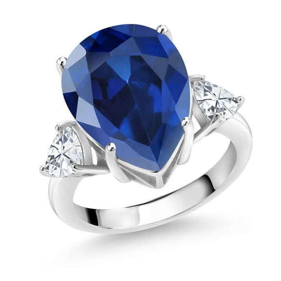 Gem Stone King 925 Sterling Silver Blue Created Sapphire and White Moissanite Ring for Women (11.14 Cttw, Pear Shape 16X12MM, Trillion 5MM, Size 8)
