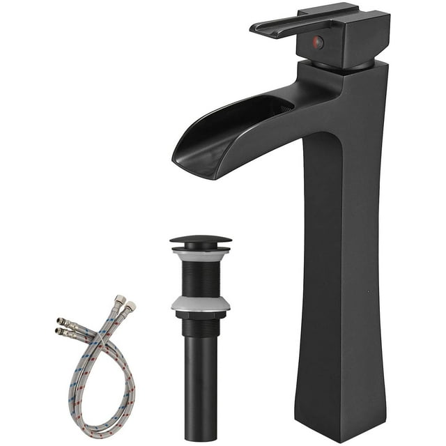 Vessel Sink Faucet Black Modern with Pop Up Drain Assembly Without Overflow and Supply Hose Lead-Free Single Handle Single Hole Waterfall Bathroom Faucet for Vessel Sink Lavatory Mixer Tap Matte