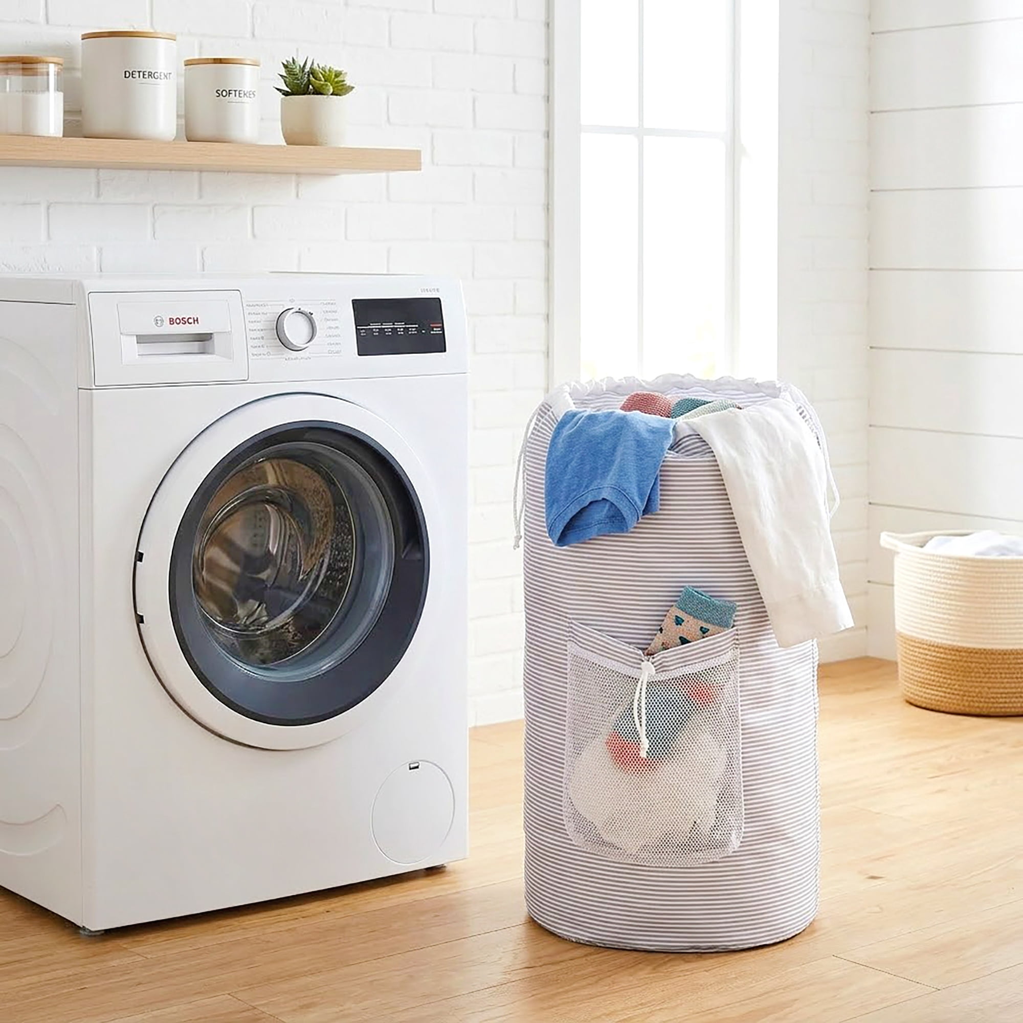 (3 pack) Mainstays Arctic White and Soft Silver Backpack Laundry Bag with Mesh Pocket 15"W x 11"D x 32"H, Adult