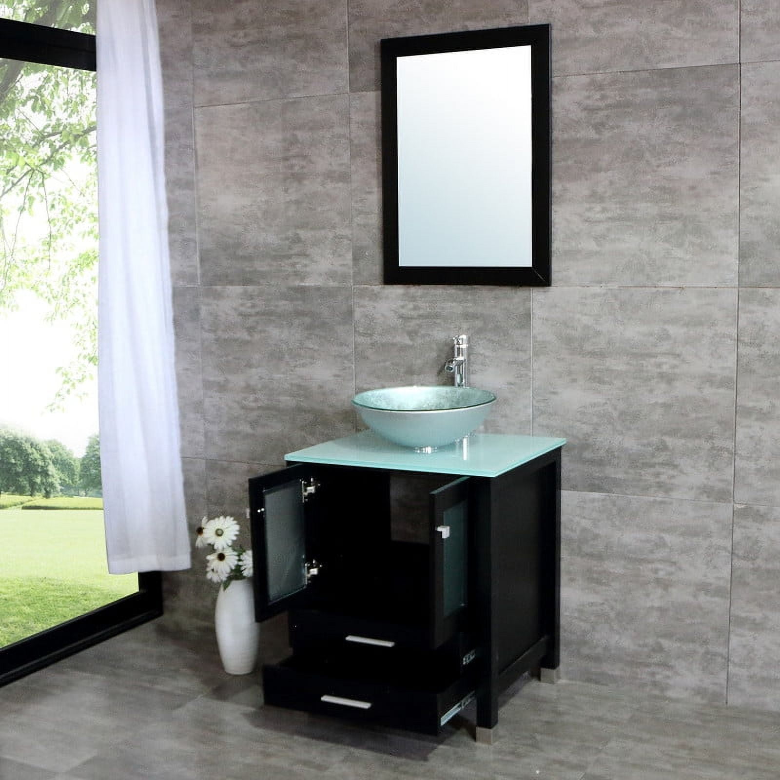 Walsport 24" Luxurious Bathroom Vanity and Sink Combo Cabinet with Silver Glass Vessel Sink and Faucet Pop Up Drain,Black