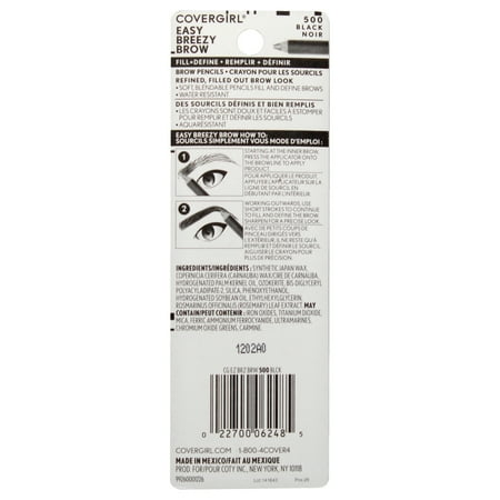 (2-Pack) COVERGIRL Easy Breezy Brow Fill + Define Eyebrow Pencil, 500 Black, 0.008 oz, Eye Pencil, Brown Eyebrow Pencil, Blendable Pencil Fill and Defined Brows, Sharpener Included