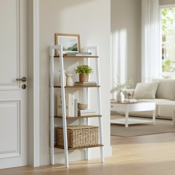 4-Tier Ladder Shelf - Steel & Particleboard Storage Rack with Adjustable Feet, for Living Room/Bedroom, Honey Brown and White