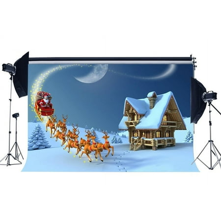 Image of ABPHOTO 7x5ft Photography Backdrop Merry Christmas Tree Reindeer Santa Ride Rustic House Snow Covered Landscape Moon Night Winter Scene Xmas Backdrops Seamless Kids Girl Adults Happy New Year