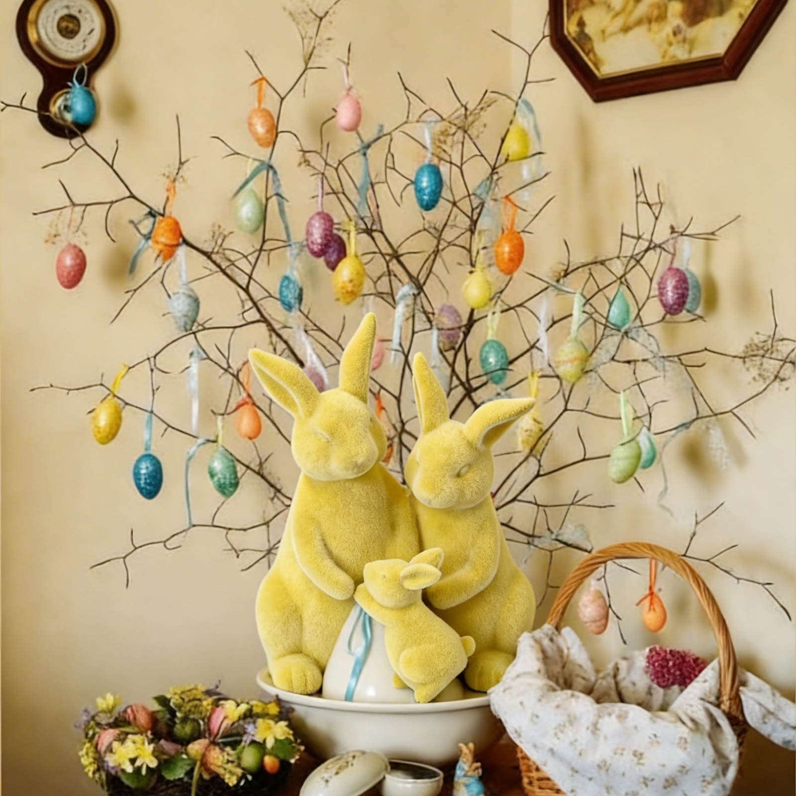 AZXY Minimalist Flocked Velveteen Easter Bunny Figurine, Blue and Yellow Spring Home Tabletop Decor, Festive Holiday Decoration