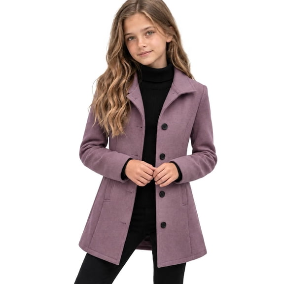 BLVB Girls Dress Coats Fall Winter Lapel Single Breasted Long Trench Coats with Pockets Warm Jacket Outerwear(Purple,13-14 Years)