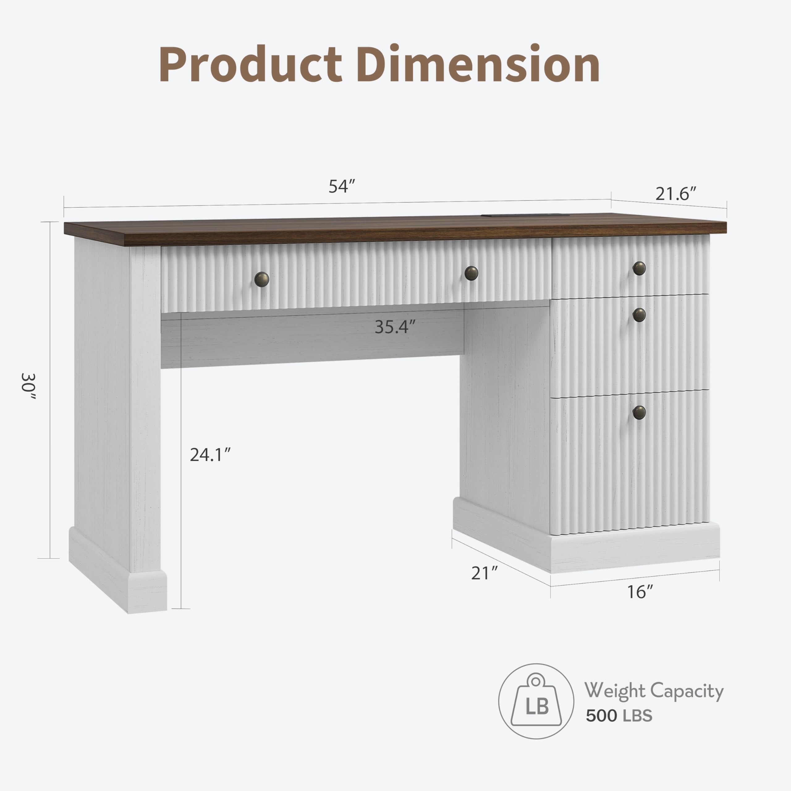 Computer Desk 54 Inch – Home Office Desk with File Drawers, Storage Cabinet & Charging Station, Modern Fluted Executive Writing Table for Small Spaces