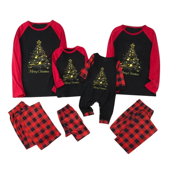 Yievot Christmas Family Matching Pajamas Sets PJ's Sleepwear Christmas Trees Graphic Long Sleeve Shirts and Plaid Pants Soft Loungewear Pjs Set