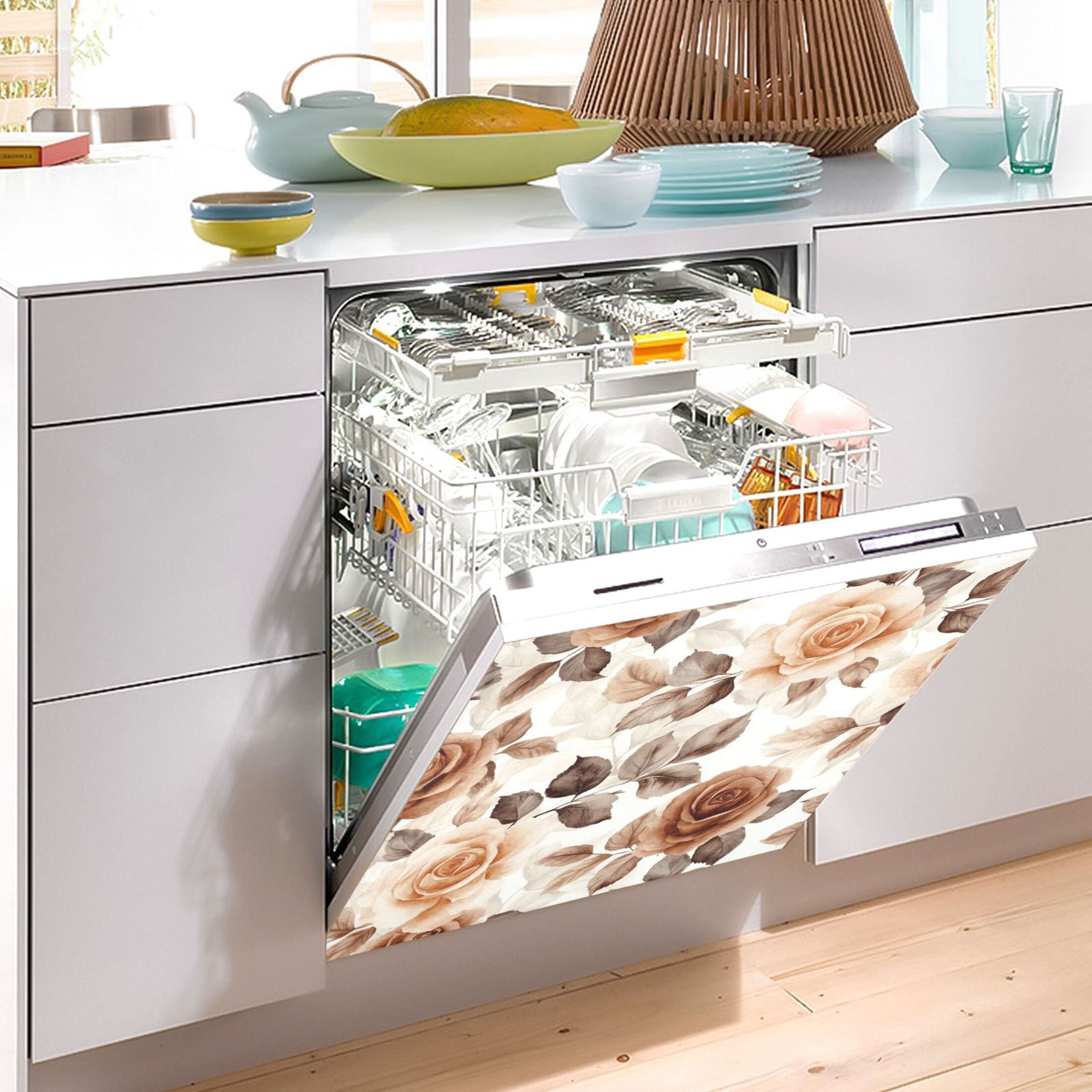 Dishwasher Magnetic Sticker 23x26 Inch Refrigerator Magnetic Sticker Washing Machine Magnetic Sticker Kitchen Panel Magnetic Sticker Home Decor Cartoon Brown Roses