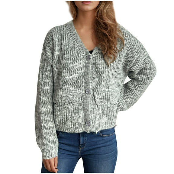 Dgankt Womens Sweaters Womens Cropped Cardigan Sweaters Chunky Open Front Button Down Knit Sweater Long Sleeve Loose Cardigan