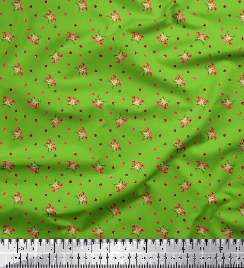 Soimoi Green Heavy Satin Fabric Reindeer Face & Baubles Christmas Printed Fabric 1 Yard 54 Inch Wide