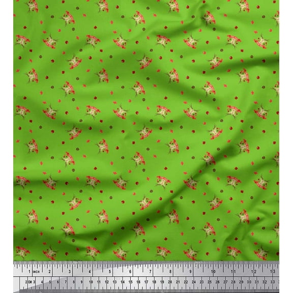 Soimoi Green Cotton Voile Fabric Reindeer Face & Baubles Christmas Printed Fabric 1 Yard 42 Inch Wide