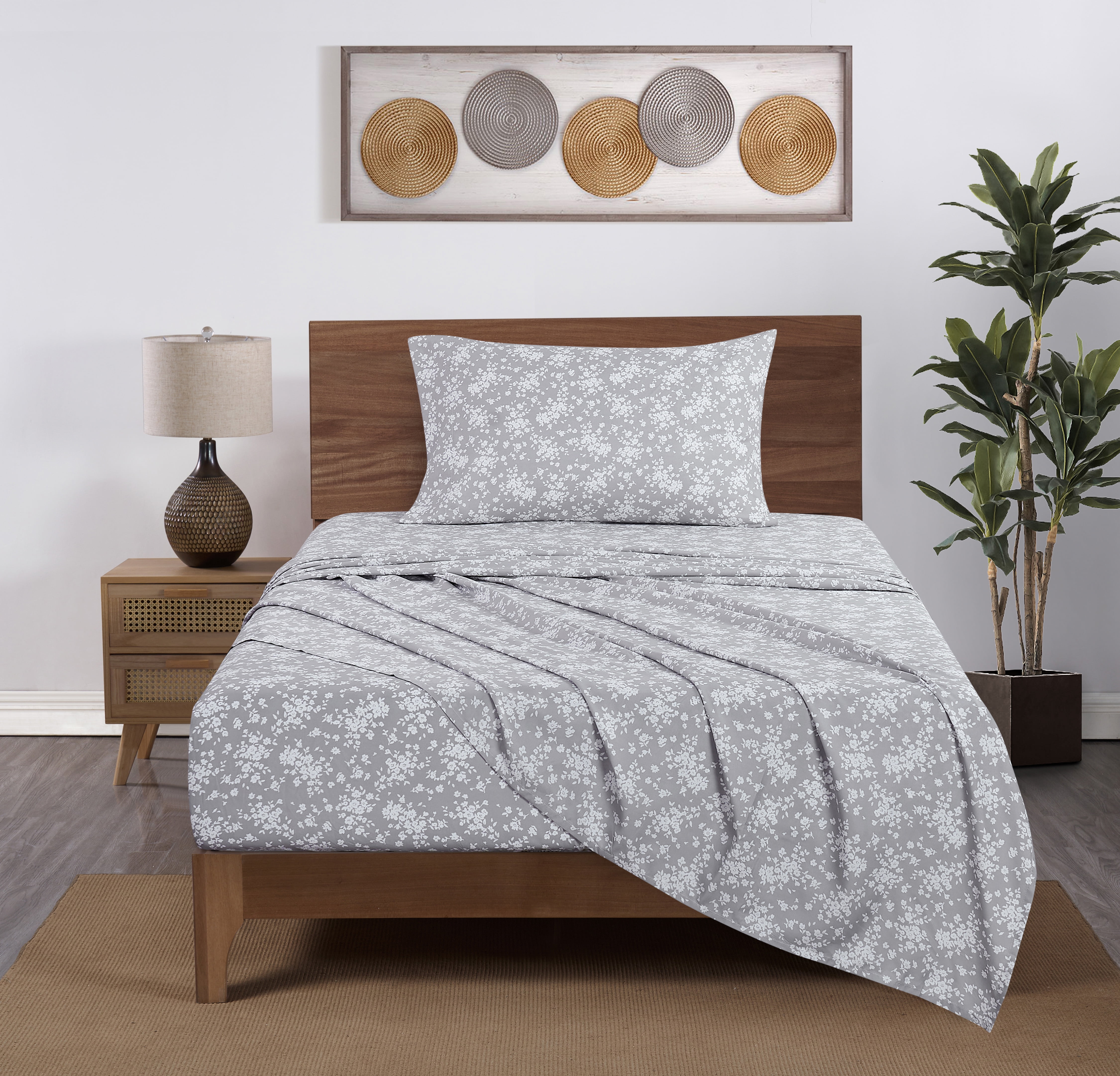 Mainstays Super Soft High Quality Brushed Microfiber Bed Sheet Set, Twin-XL, Gray Floral, 3 Piece