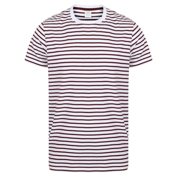 Skinni Fit - Camiseta de manga corta de rayas unisex (Blanco/Granate)