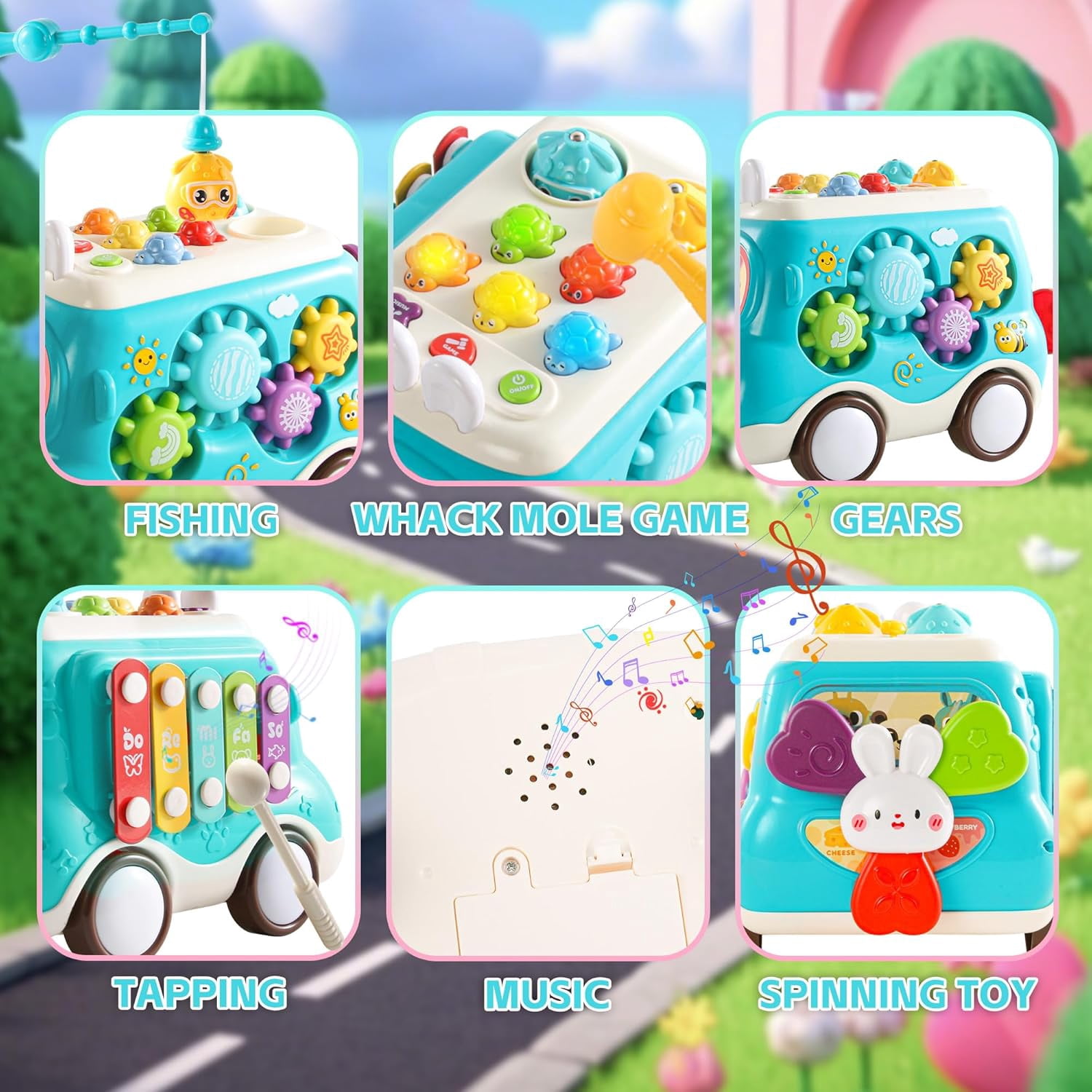 Baby Montessori Toys,6-in-1 Musical Bus Toys for Toddlers,Montessori Sensory Toys with Xylophone,Whack A Mole,Fishing Game,Montessori Sensory Toys for 2 3 4 Year Old,1st Birthday Gifts for Girls Boys