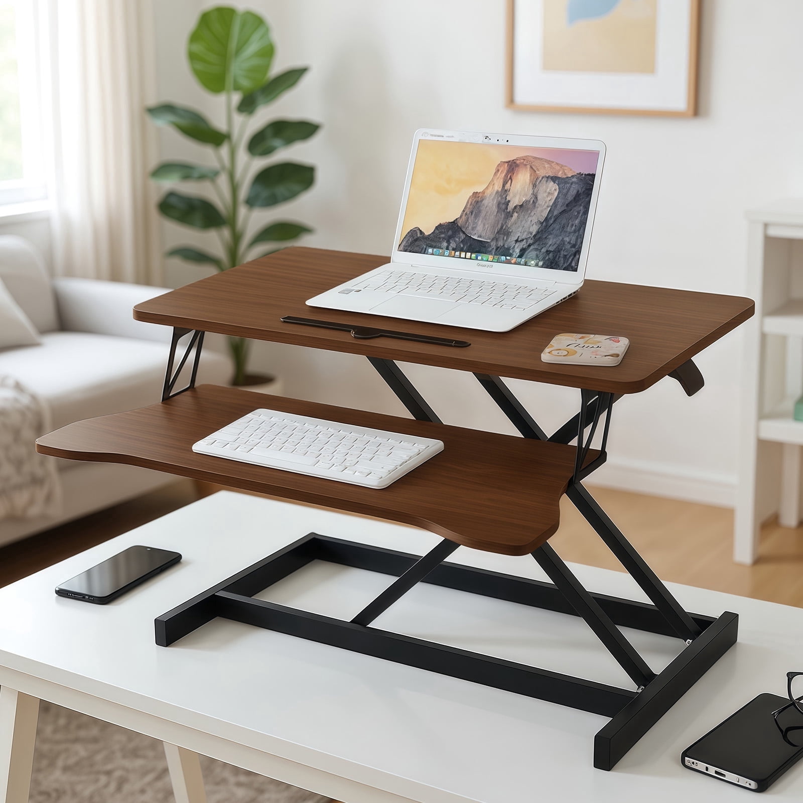Standing Desk Converter, 32 Inch Standing Desk Adjustable Height for Table Tops and Home Office, Desk Riser Computer Workstation with Wide Keyboard Tray 2-Tier Desktop, Walnut Color