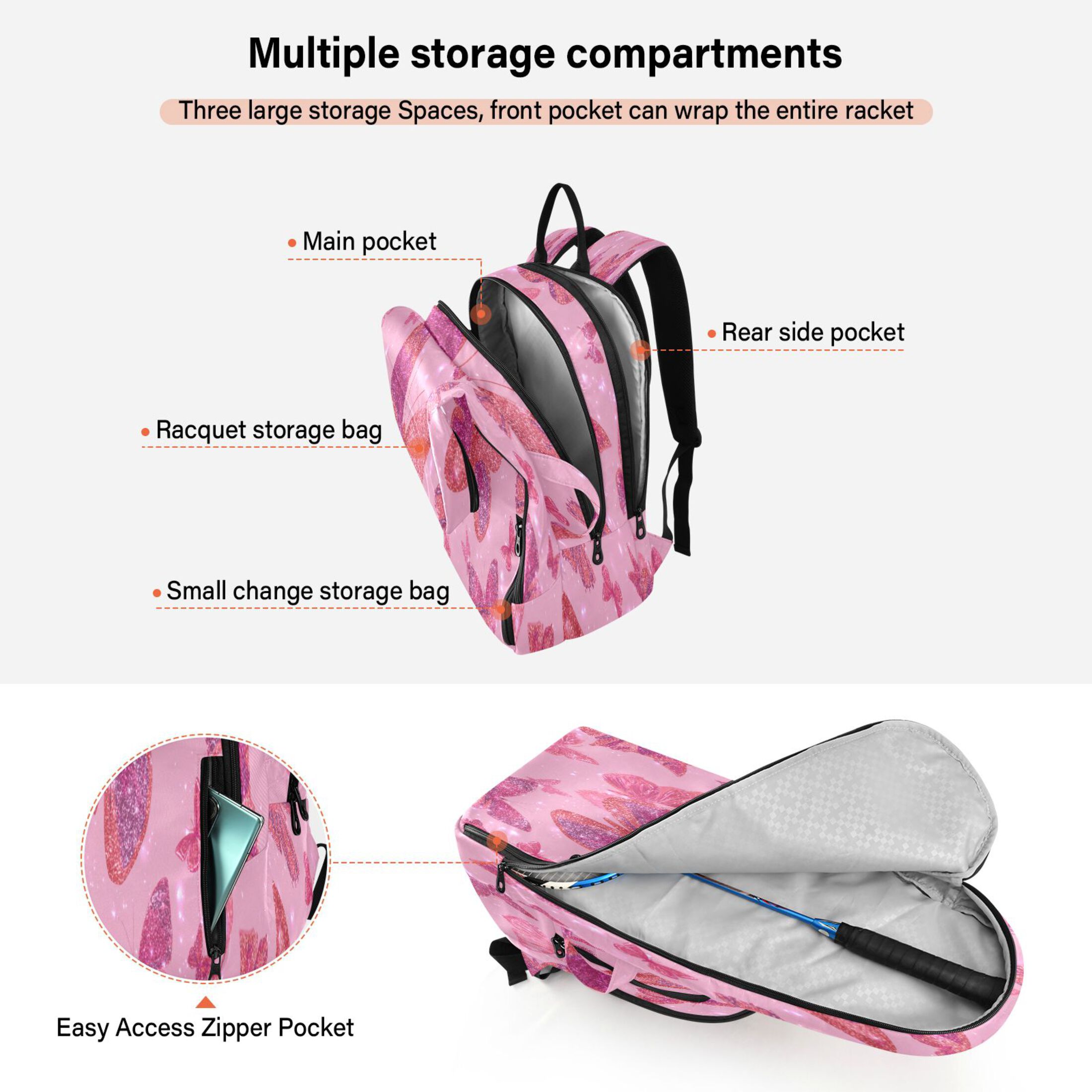 2 Racquet Holder Tennis Backpack Tennis Racket Covers Gym Bags Glittering Sequin Butterfly