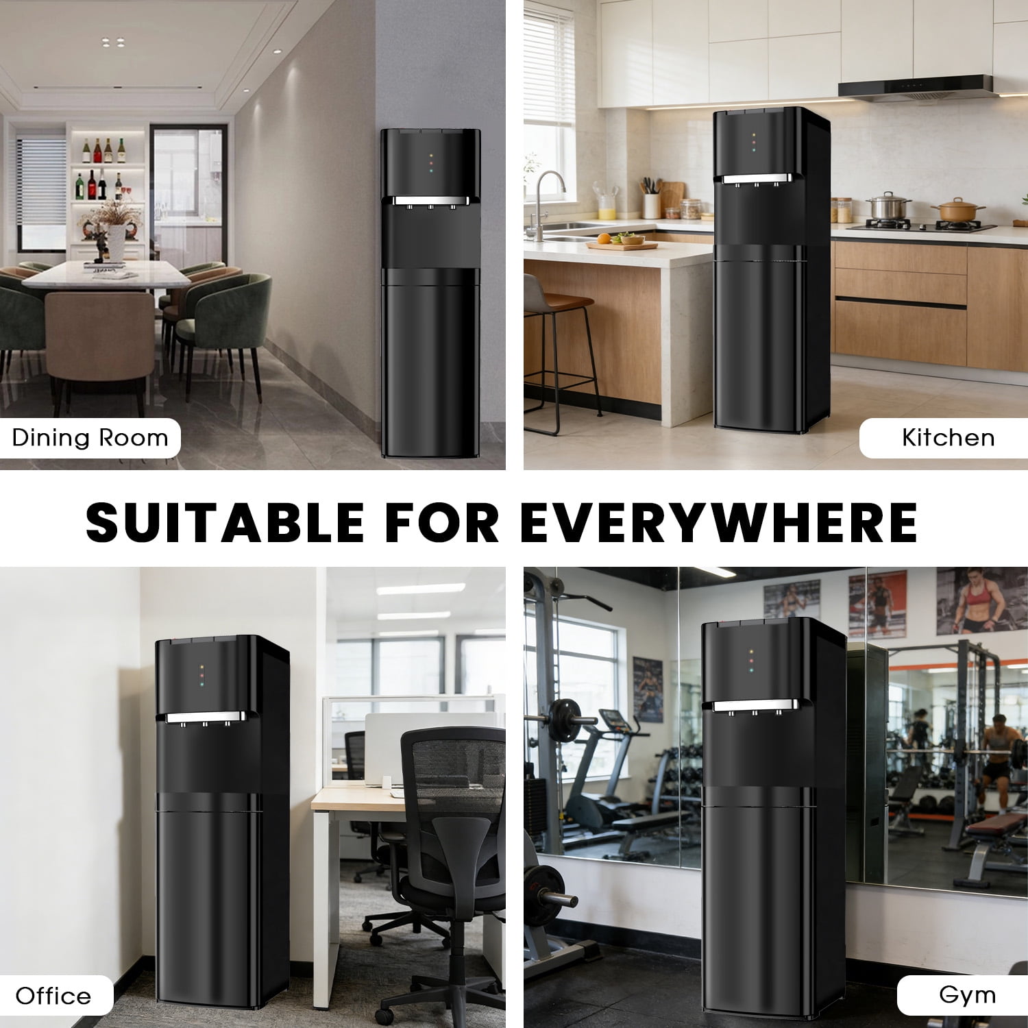 Water Dispenser for 3 and 5 Gallon Bottles – Bottom Load Water Machine with Hot, Cold & Room Temperature Options, Self-Cleaning & Safe Design, Black