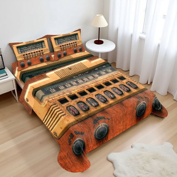 Vintage Sheet Set, Retro Antique Radio Music Player Enjoyment Holiday Theme Art Print, Fitted and Flat Sheet with Pillowcases Bedding Accent 4 Piece Set, Calking, Brown Ecru, by Ambesonne