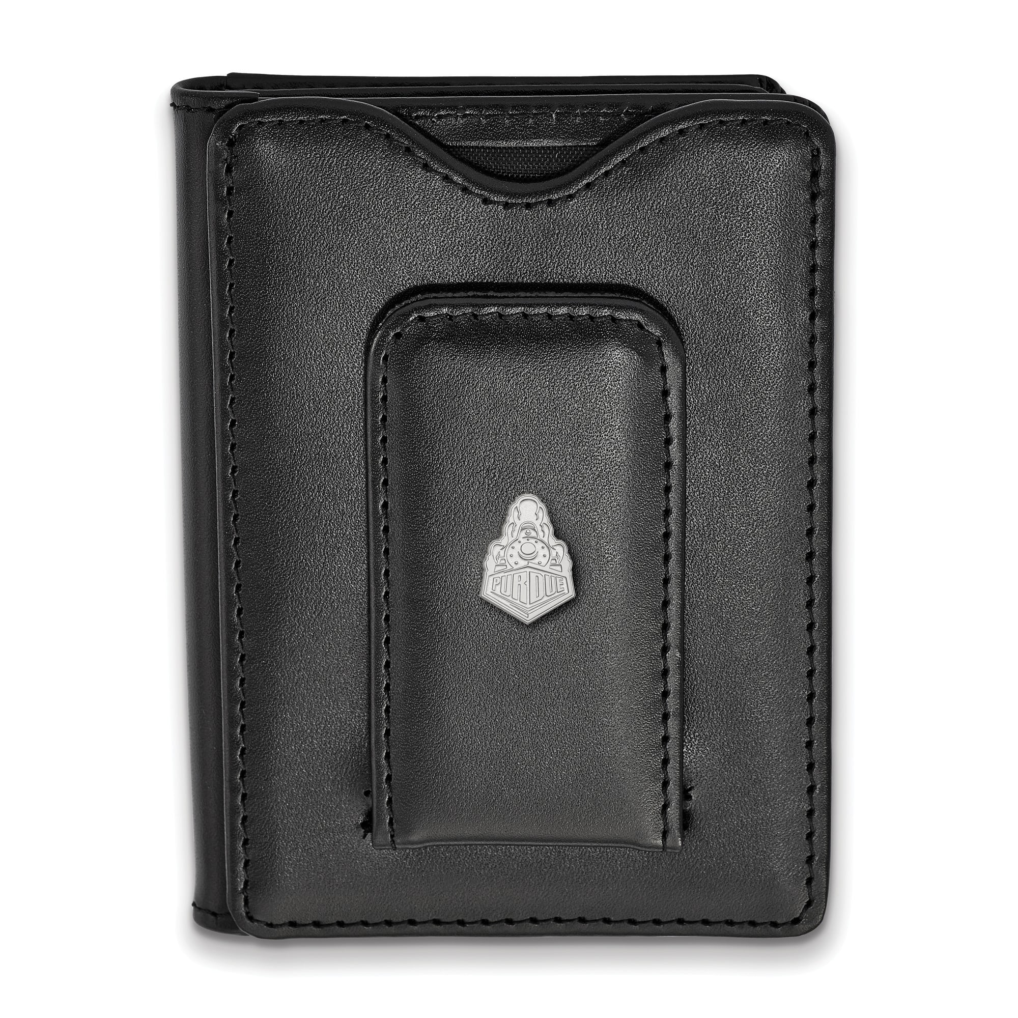 Sterling Silver Rh-plated LogoArt Purdue Black Leather Money Clip Wallet 