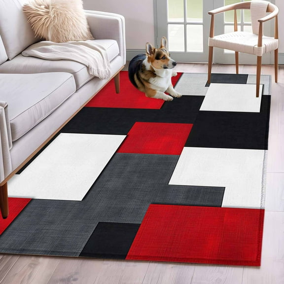 Red Grey Geometric Area Rug 3x5 Washable Rug Non Slip Modern Abstract Art Luxury Large Area Rug Indoor Floor Carpet for Entryway Bedroom Kitchen Living Room Home Office Dining Room Nursery