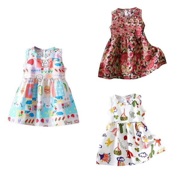 Ahuyic Little Girl Dresses,Summer Casual Dresses for Kids,Summer Toddler Baby Girls Sleeveless Dress Graphic Print Flying Sleeve Dress
