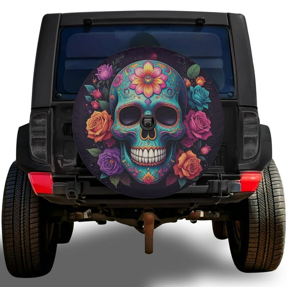 Lotusprinthandmade Floral Skull Spare Tire Cover With Backup Camera Hole 6 Sizes (27 in.), floral skull tire cover, floral skull wheel cover